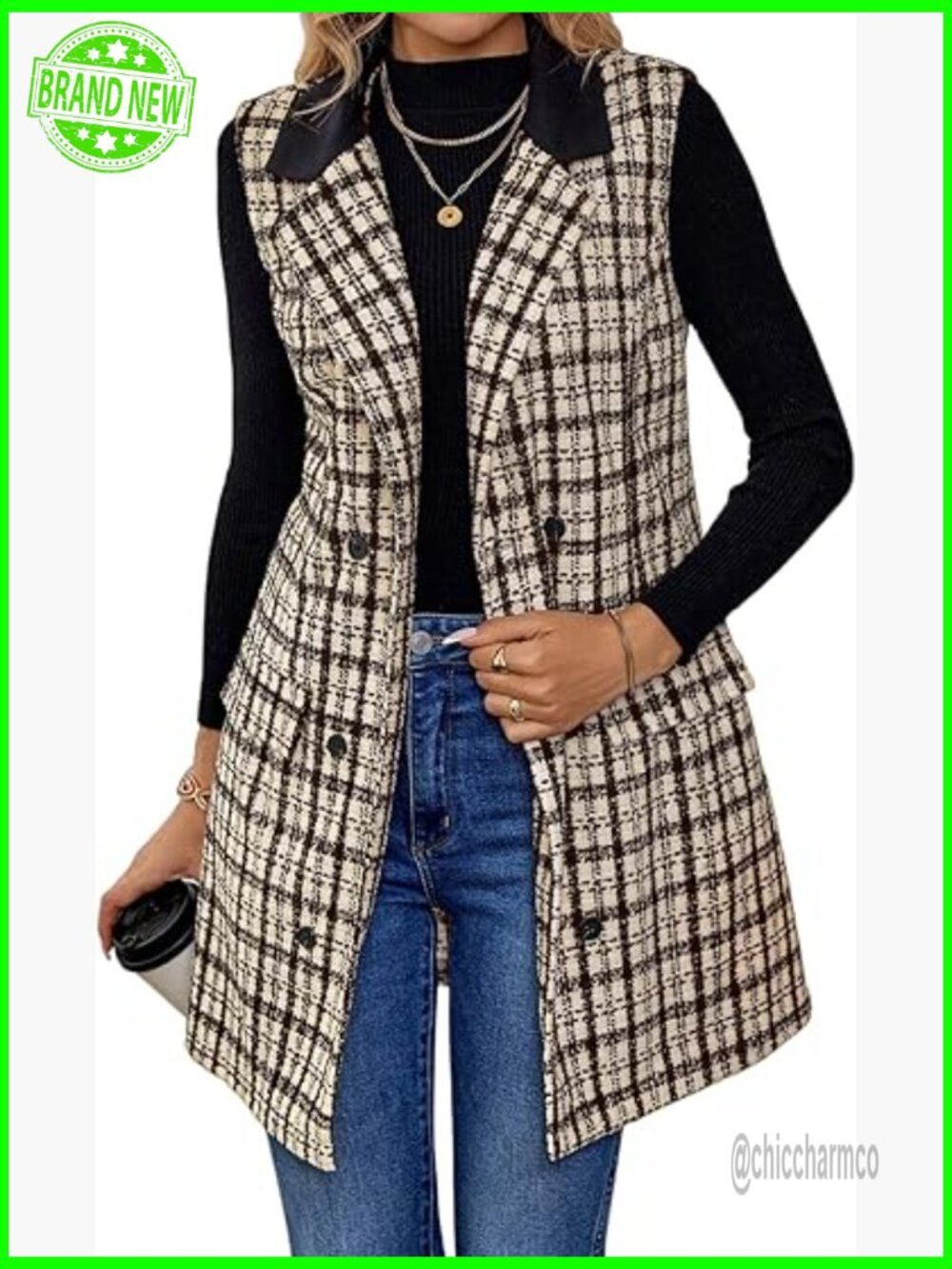 Long Tweed Vest Sleeveless Blazer Jacket Trench Coat Fall Winter Outerwear